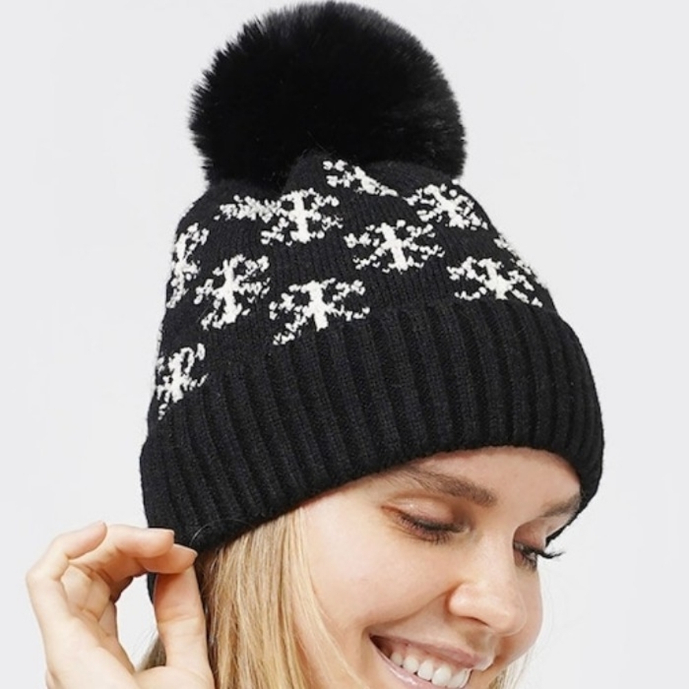 Beanie Hat Black Womens Knit Hat Winter New Beanie Warm Lined Faux Fur Pompom